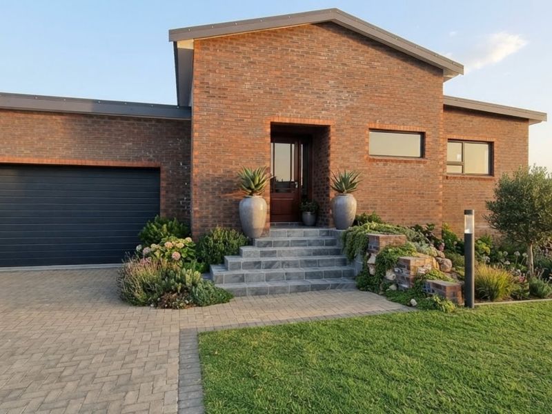 Modern face-brick home featuring a double garage, paved driveway, and beautifully landscaped front garden with stone entrance steps.