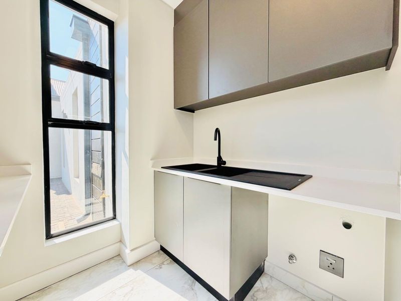 A modern, clean laundry area featuring sleek cabinetry, a black sink with matching faucet, and stone countertops with dedicated plumbing connections.