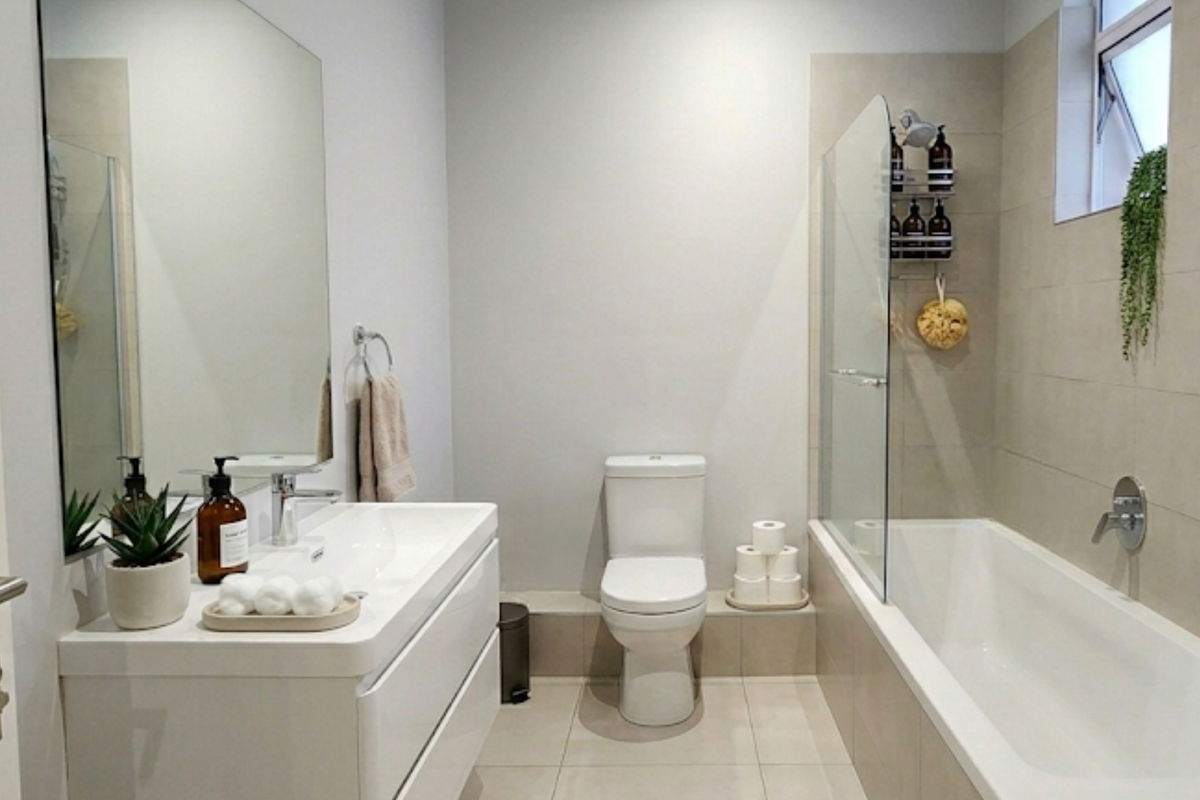 Modern bathroom featuring a sleek vanity with integrated basin, a wall-mounted mirror, a toilet, and a bathtub with a glass shower screen.