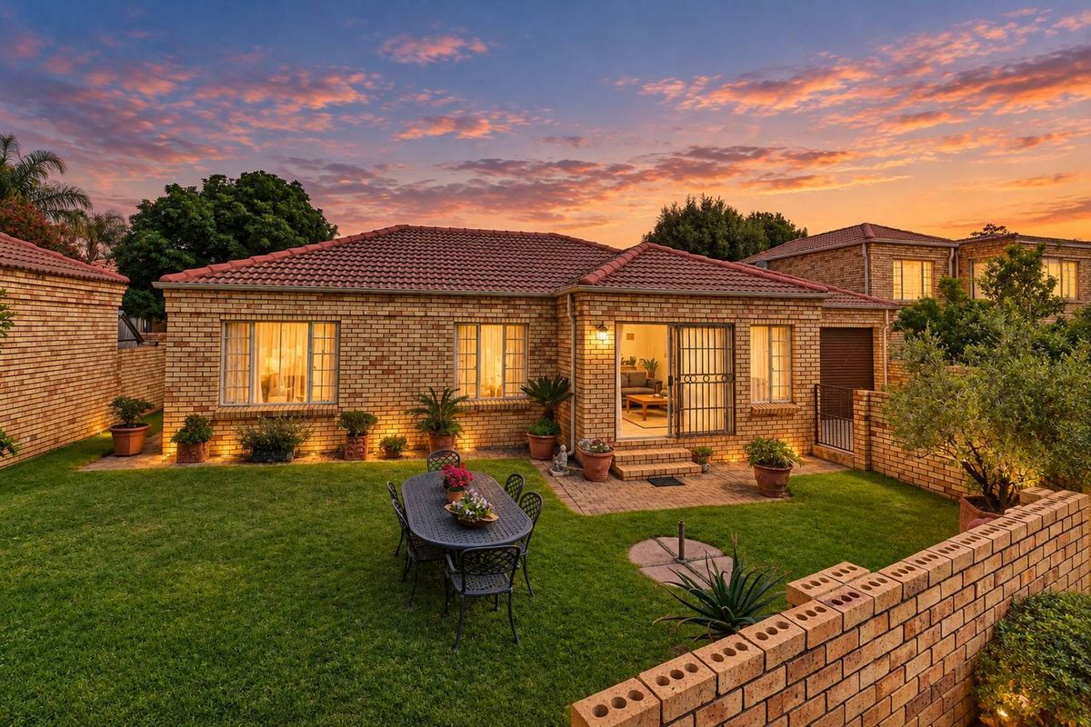 Rear view of a brick townhouse featuring a paved patio area, well-maintained lawn, and secure boundary walls at sunset.