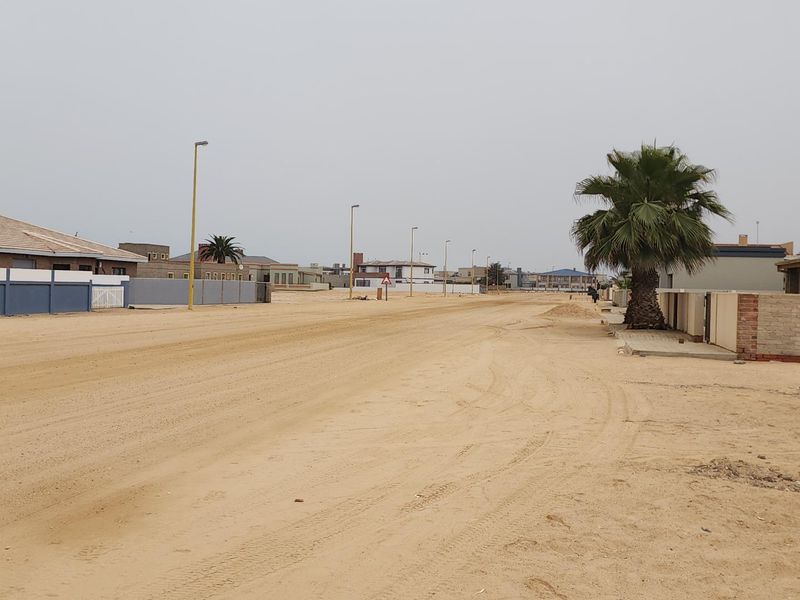 A view of an unpaved sandy residential street lined with street lights and surrounding residential properties.