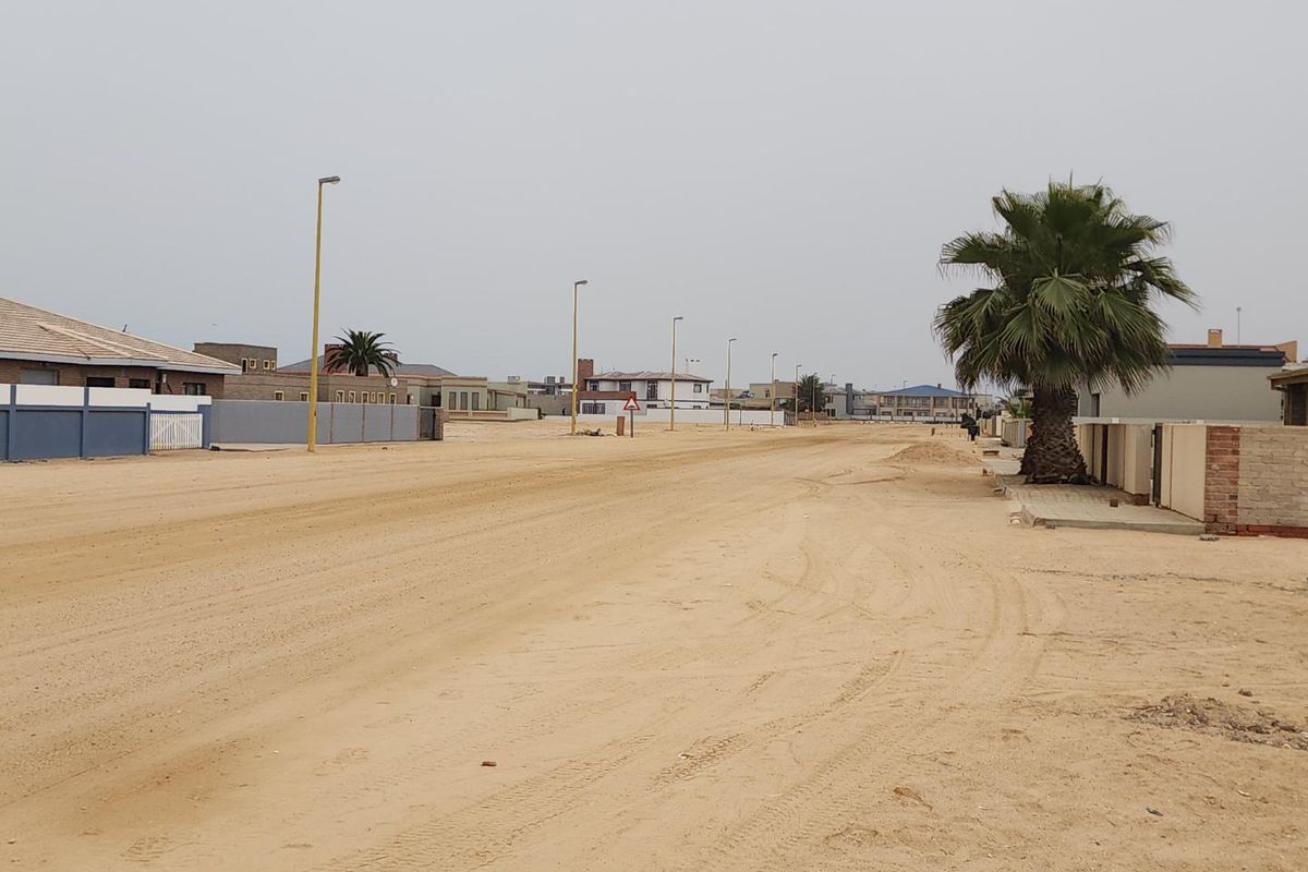 A view of an unpaved sandy residential street lined with street lights and surrounding residential properties.