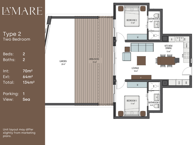 A detailed floor plan for a two-bedroom, two-bathroom apartment featuring an open-plan living area, kitchen, dining space, private patio, and garden.