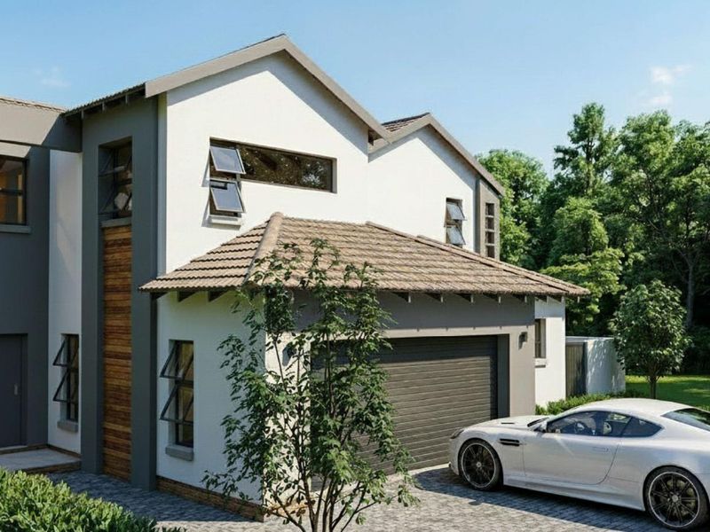 A modern double-story residential home featuring a tiled roof, paved driveway, and integrated garage, set within a landscaped garden environment.