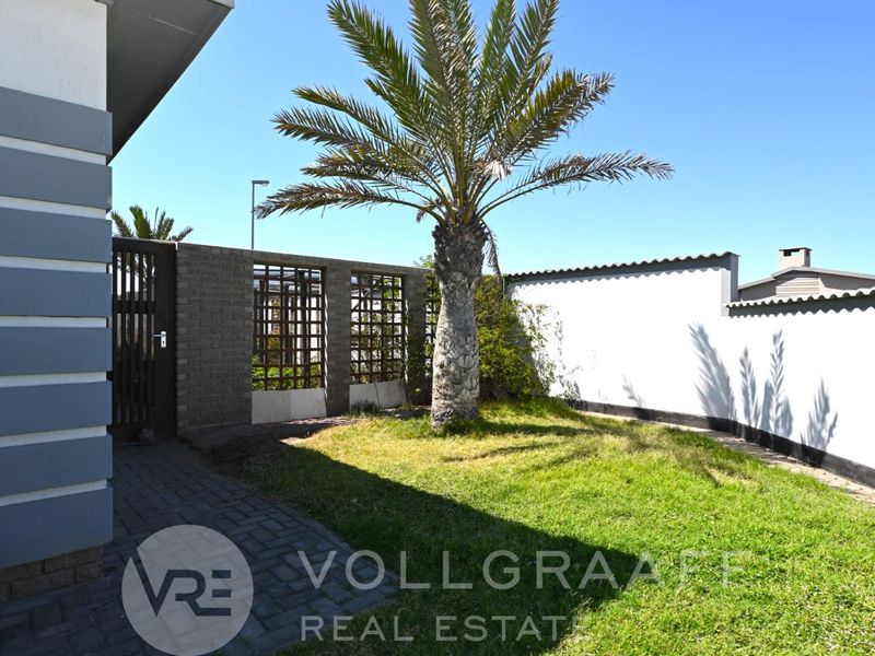 A private rear garden area featuring a paved walkway, a mature palm tree, and secure brick boundary walls.