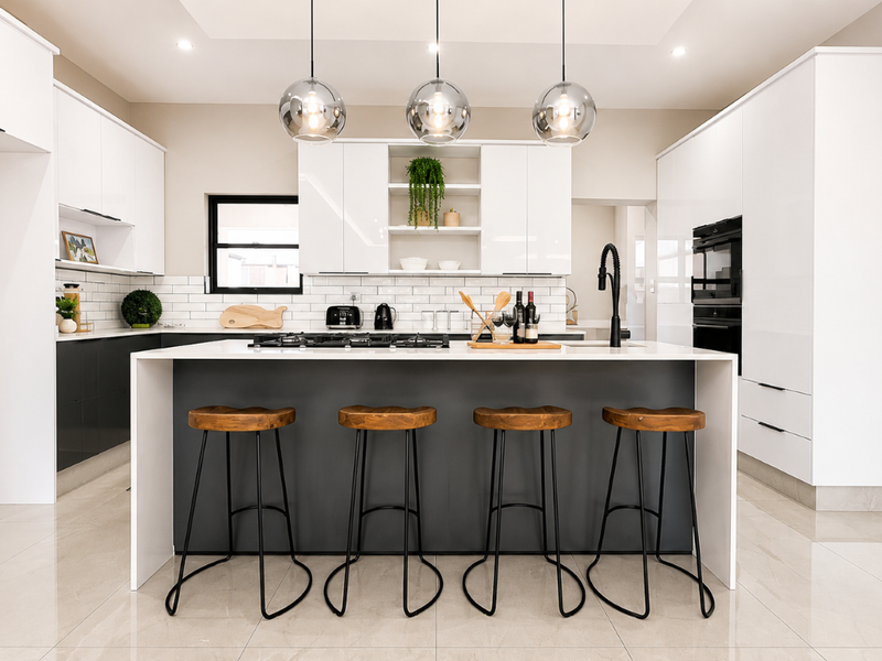 Modern kitchen featuring a central island with breakfast bar, high-gloss cabinetry, built-in oven, gas cooktop, and stylish pendant lighting.