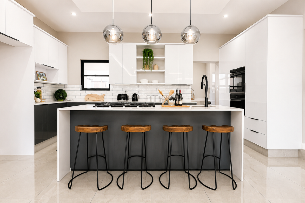 Modern kitchen featuring a central island with breakfast bar, high-gloss cabinetry, built-in oven, gas cooktop, and stylish pendant lighting.
