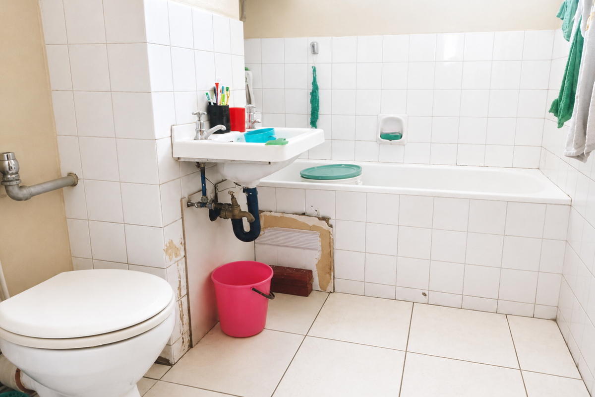 A dated bathroom featuring a wall-mounted basin, bathtub, and toilet, with visible damage to the wall tiling and exposed plumbing requiring maintenance.