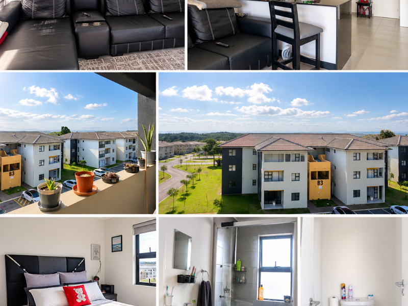 A composite image showing various interior and exterior views of an apartment, including living areas, kitchen, balcony, and bathroom facilities.