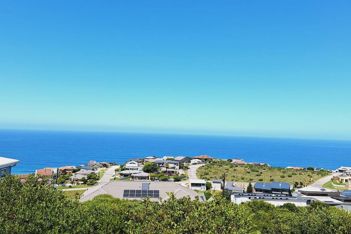 A scenic elevated view overlooking the coastal residential neighborhood and the ocean horizon.