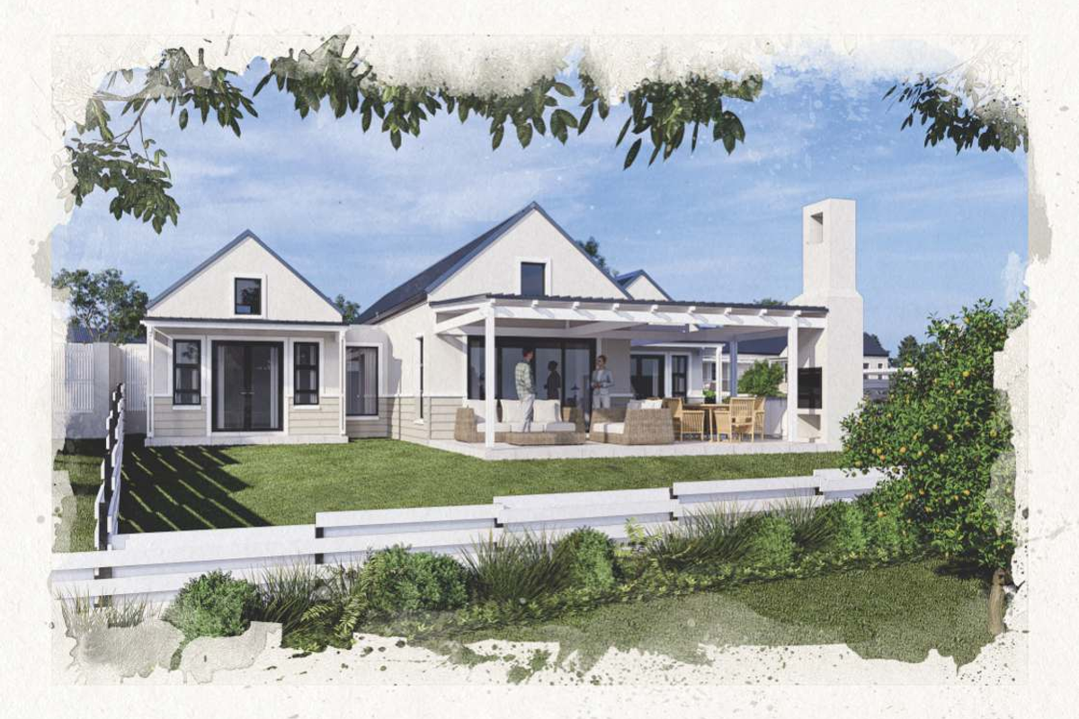 A rendered view of the rear exterior featuring a covered patio, outdoor fireplace, and landscaped garden area.