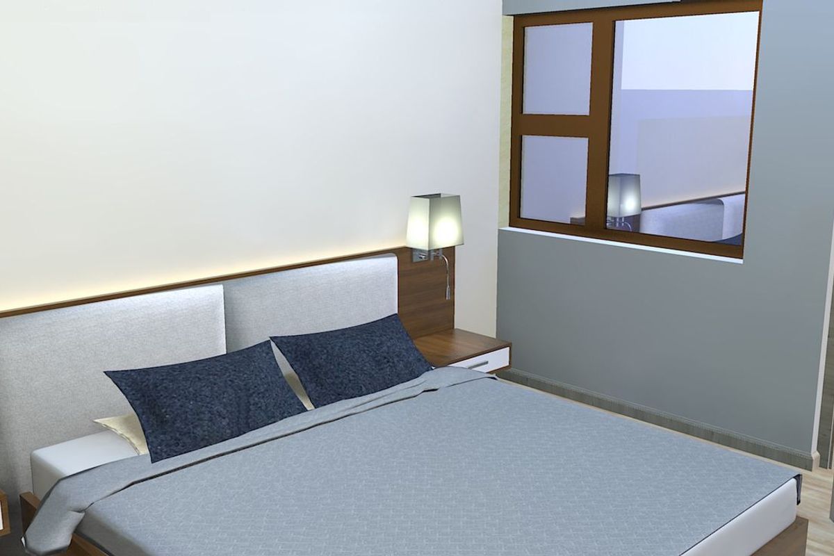 A modern bedroom featuring a built-in headboard with integrated bedside tables and wall-mounted lighting.