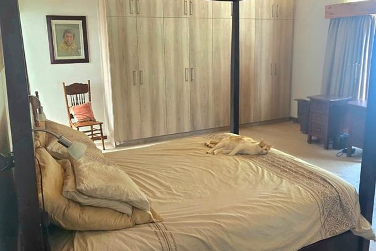 Spacious bedroom featuring exposed timber ceiling beams and extensive built-in wardrobe storage with neutral finishes.