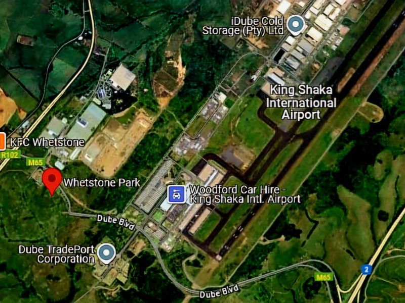 An aerial map view showing the location of the property in relation to King Shaka International Airport and surrounding industrial infrastructure.