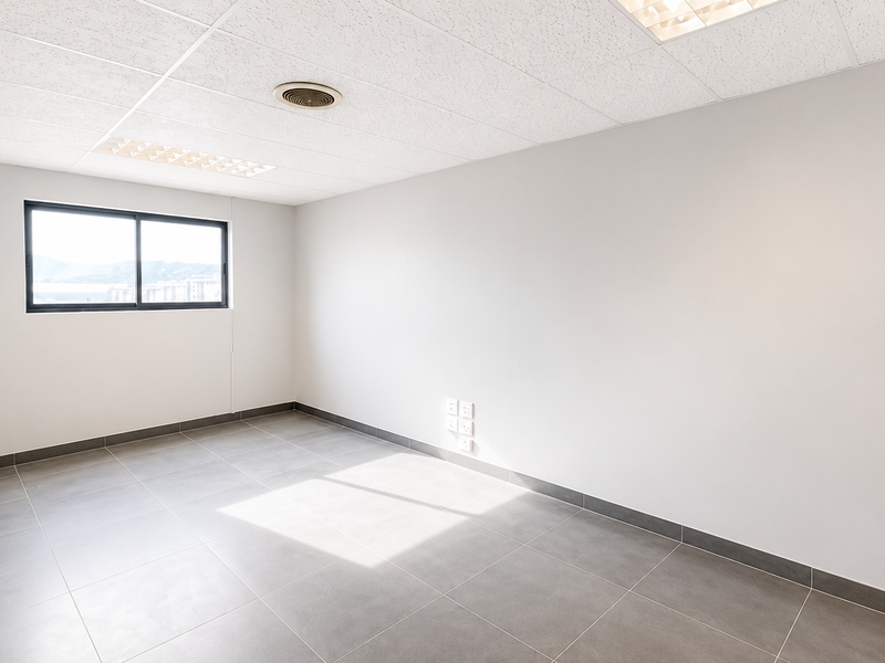 A clean, empty office space featuring neutral tiled flooring, a suspended ceiling with recessed lighting, and a sliding window providing natural light.