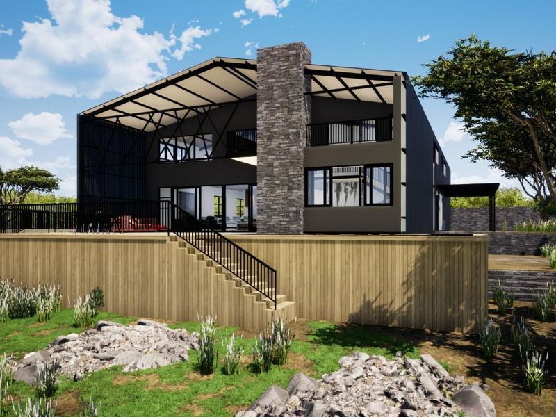 A modern architectural rendering of a rear exterior elevation featuring a stone chimney, expansive timber decking, and a contemporary metal roof structure.
