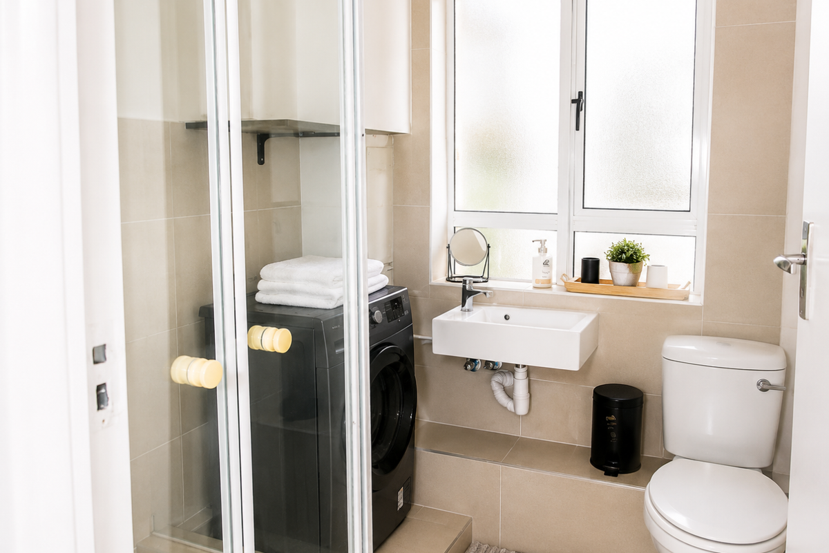 A compact, modern bathroom featuring a shower enclosure, wall-mounted basin, and toilet with neutral wall tiling and natural light from a window.