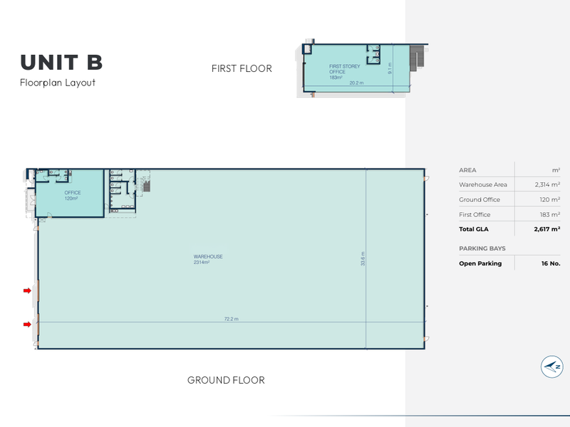 A detailed floor plan layout for Unit B, illustrating the ground floor warehouse and office space, alongside the first-floor office area.