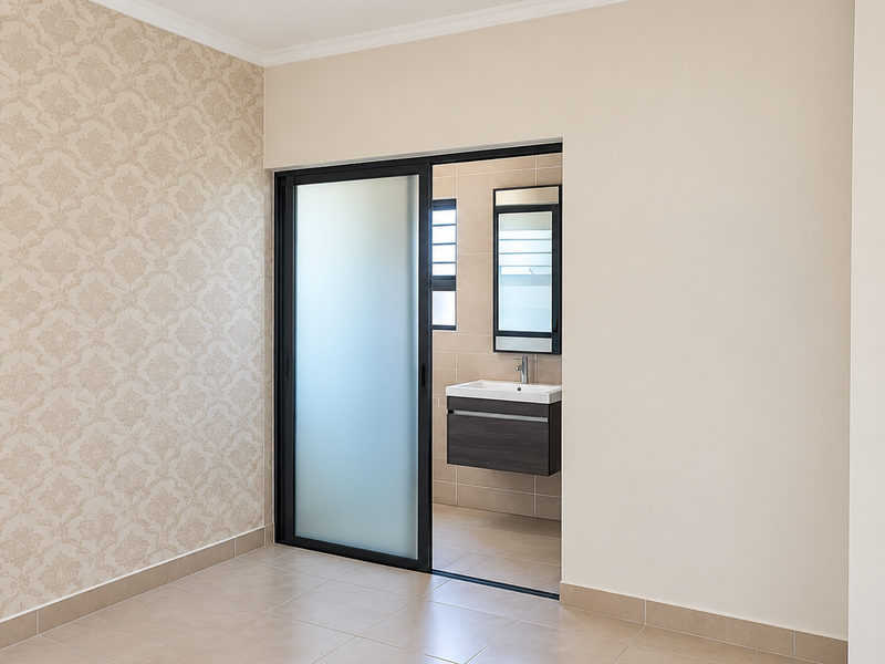A spacious bedroom featuring patterned wallpaper, tiled flooring, and an en-suite bathroom accessible through a modern sliding glass door.
