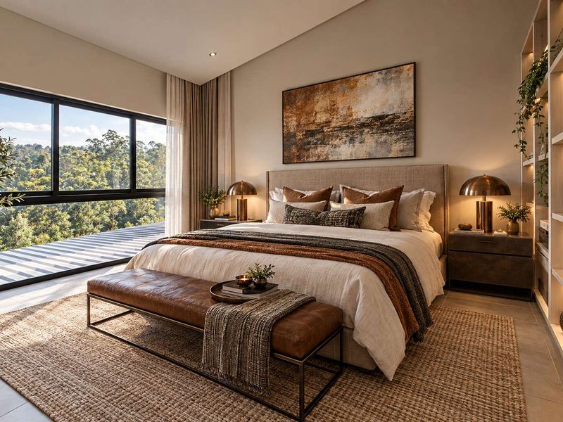 A modern, well-appointed bedroom featuring large sliding windows with scenic views, built-in illuminated shelving, and high-quality finishes.