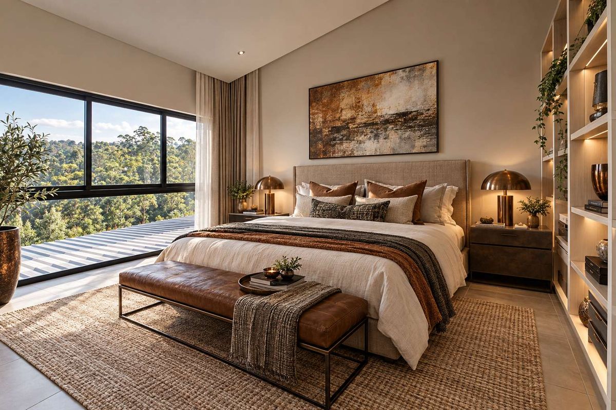 A modern, well-appointed bedroom featuring large sliding windows with scenic views, built-in illuminated shelving, and high-quality finishes.