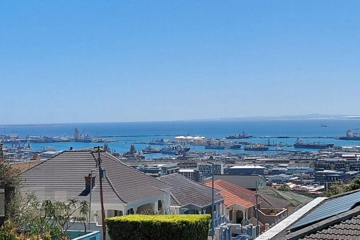 An elevated view overlooking the surrounding neighborhood and the harbor, showcasing the coastal landscape and urban infrastructure.
