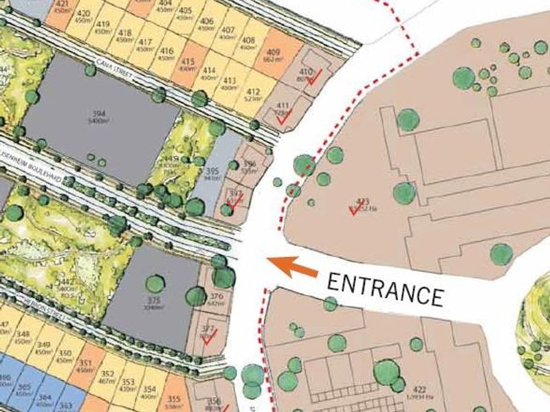 A site development plan showing the layout of various commercial land plots, street access, and the main entrance to the estate.