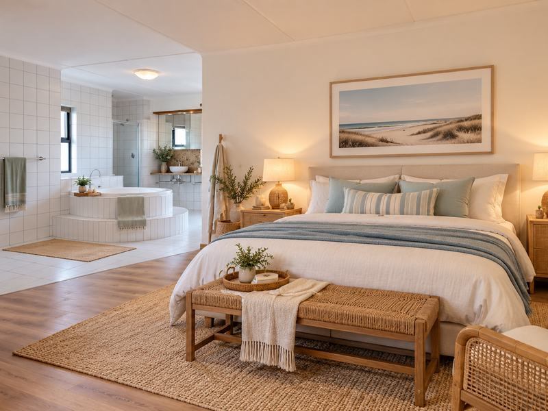 Spacious master bedroom featuring an open-plan ensuite with a built-in circular bathtub, tiled finishes, and warm wood-look flooring throughout.