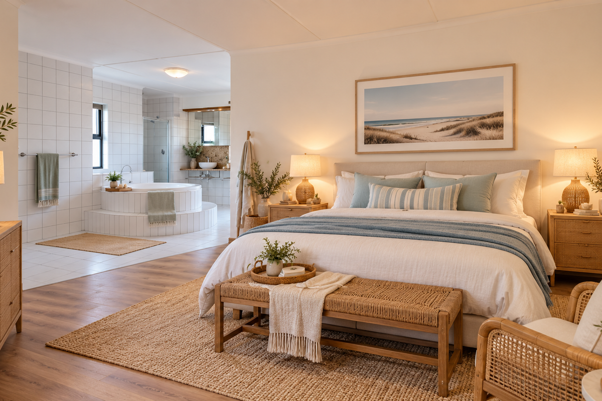 Spacious master bedroom featuring an open-plan ensuite with a built-in circular bathtub, tiled finishes, and warm wood-look flooring throughout.