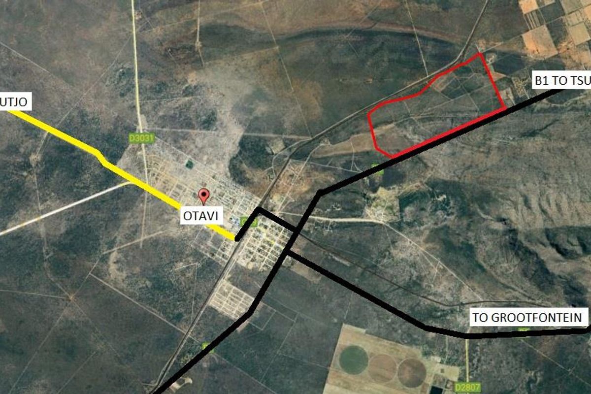 Aerial view showing the property location relative to the town of Otavi and major regional road networks.