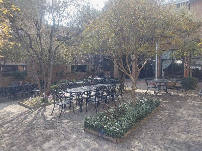 A paved outdoor courtyard area featuring mature trees, raised garden beds, and brick building facades, providing a pleasant communal space.