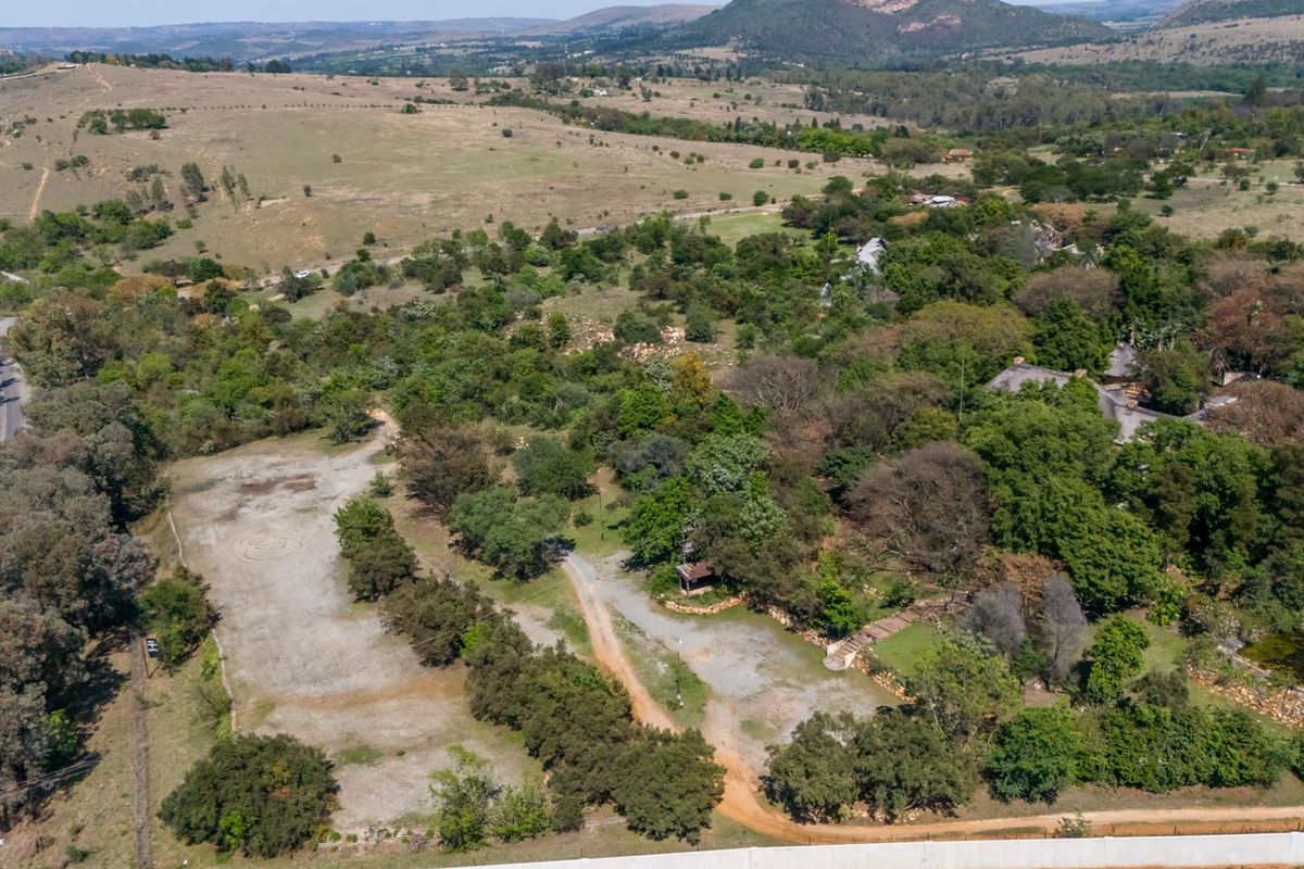 An aerial view of a large agricultural plot featuring mature trees, natural vegetation, and an unpaved access road.