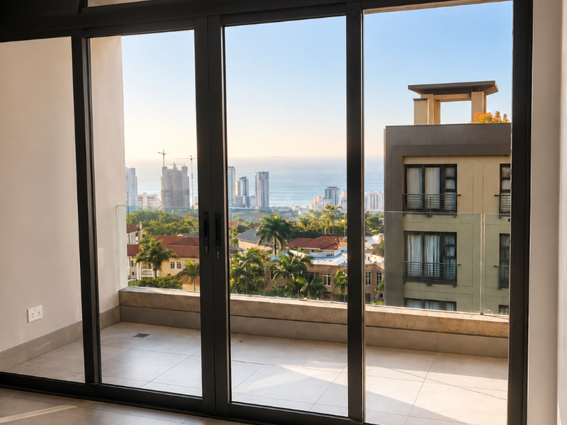 Bright and modern living area featuring large sliding glass doors that open onto a balcony with expansive coastal and city views.