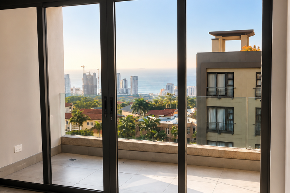 Bright and modern living area featuring large sliding glass doors that open onto a balcony with expansive coastal and city views.