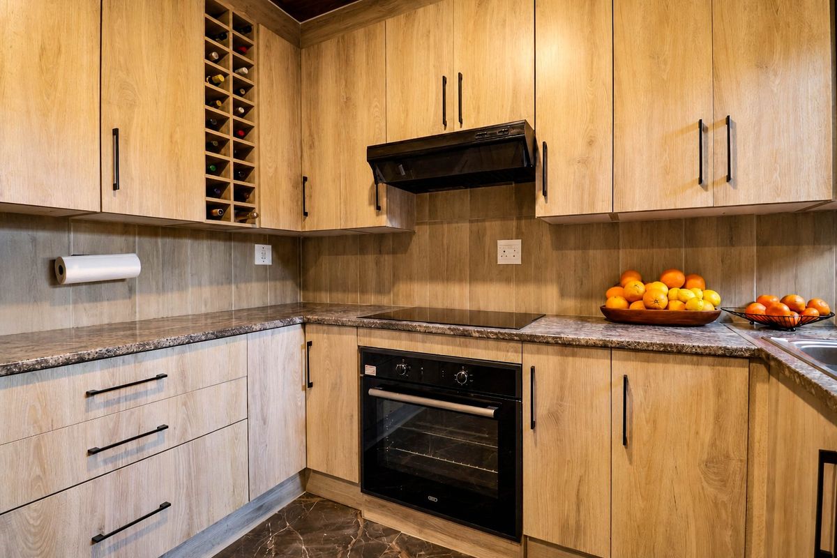 Modern kitchen featuring light wood-grain cabinetry, dark stone-look countertops, built-in oven, electric hob, and integrated wine storage.