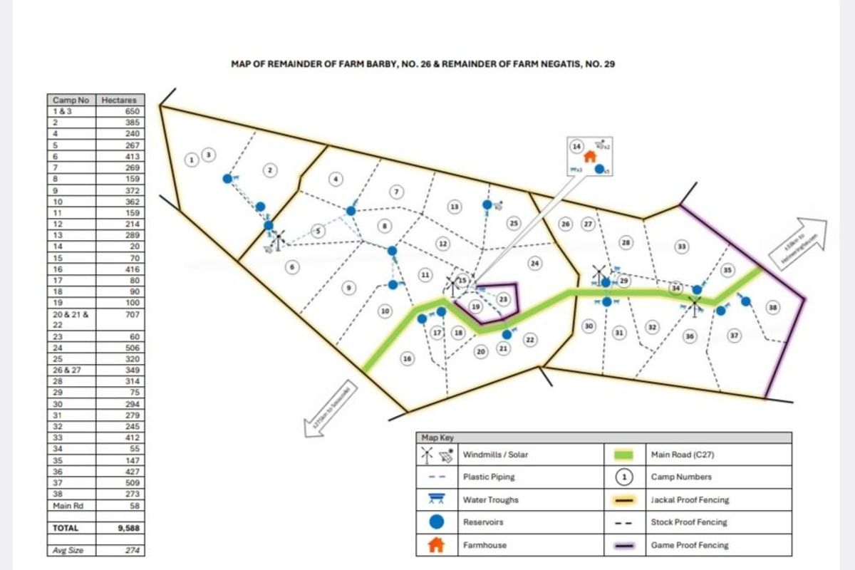 A detailed farm layout map showing camp divisions, water infrastructure, fencing types, and the location of the main farmhouse.