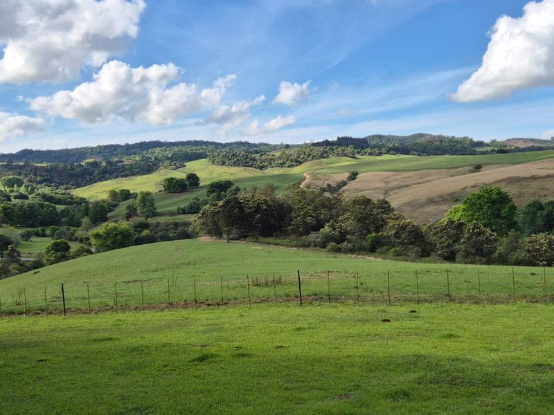 A scenic view of rolling green hills and rural landscape, showcasing the expansive natural surroundings of the property.
