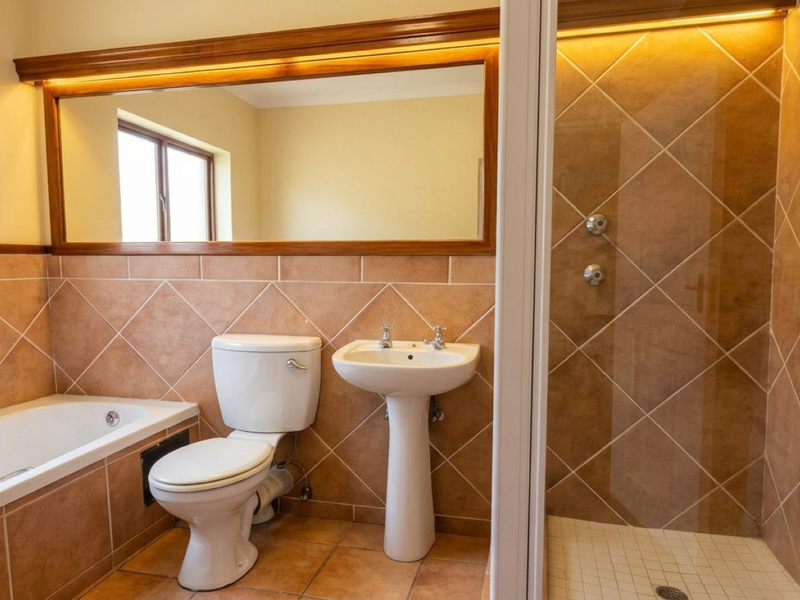 A well-maintained bathroom featuring a pedestal basin, toilet, built-in bathtub, and a separate glass-enclosed shower with warm-toned wall and floor tiling.