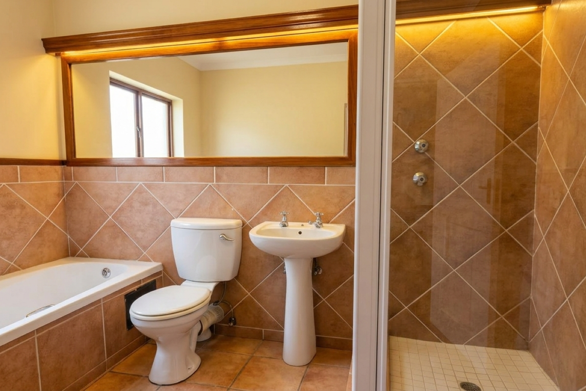 A well-maintained bathroom featuring a pedestal basin, toilet, built-in bathtub, and a separate glass-enclosed shower with warm-toned wall and floor tiling.