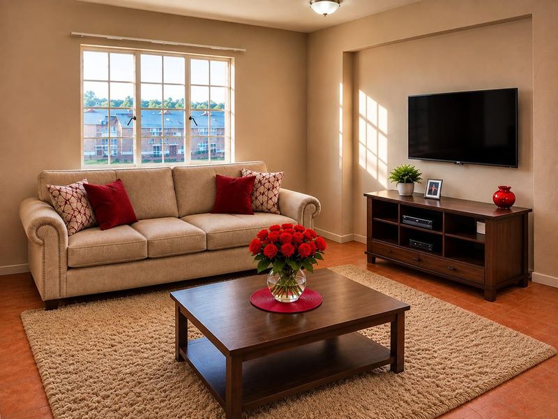A well-maintained living room featuring tiled flooring, a large multi-pane window providing natural light, and a dedicated recessed wall niche for media equipment.
