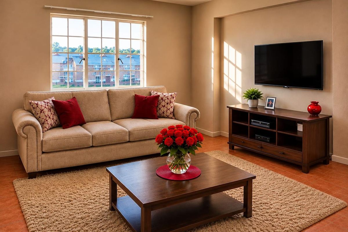 A well-maintained living room featuring tiled flooring, a large multi-pane window providing natural light, and a dedicated recessed wall niche for media equipment.
