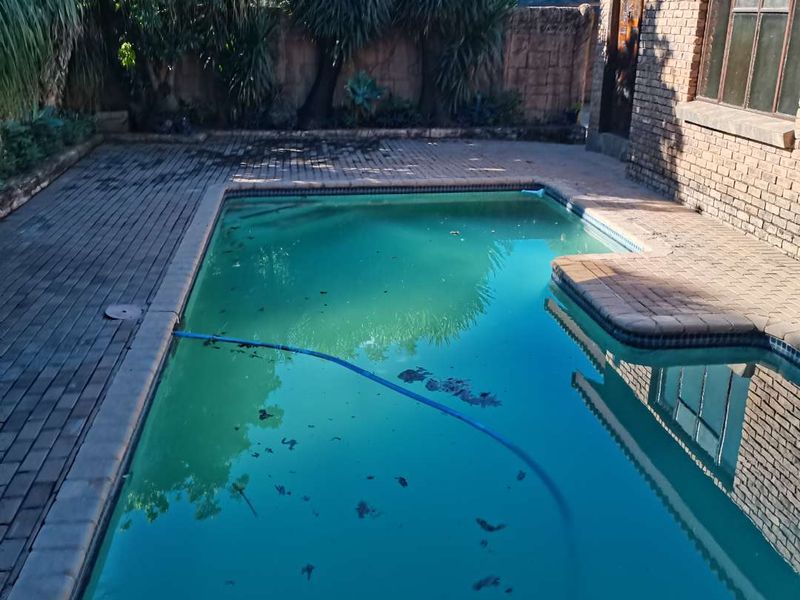 Outdoor pool area featuring a swimming pool with surrounding brick paving and face brick exterior wall.