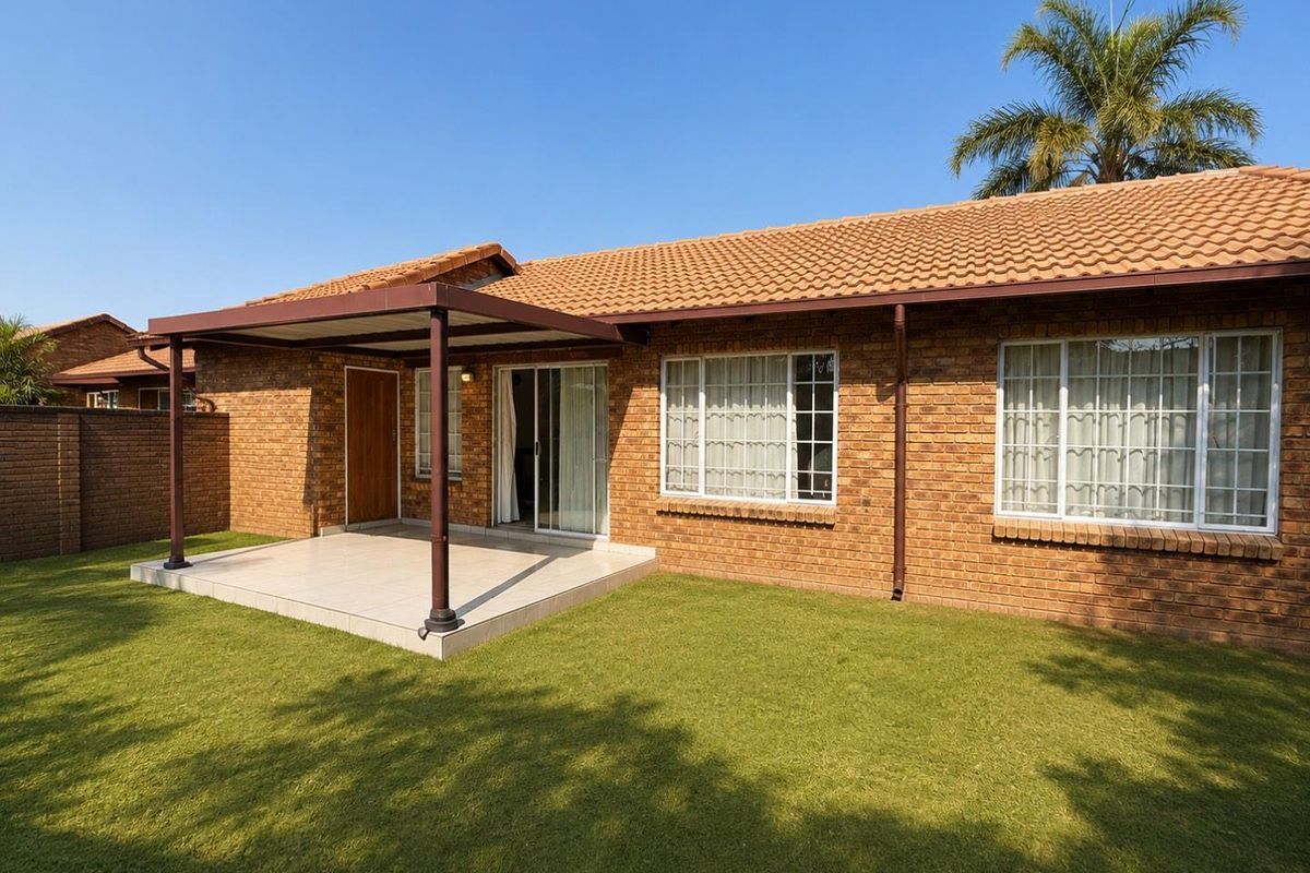 Rear view of a brick townhouse featuring a covered patio, well-maintained lawn, and secure boundary wall.
