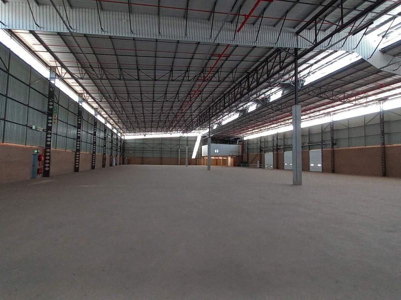 Expansive industrial warehouse space featuring high ceilings with exposed steel trusses, concrete flooring, and multiple roller shutter doors for efficient logistics and storage operations.