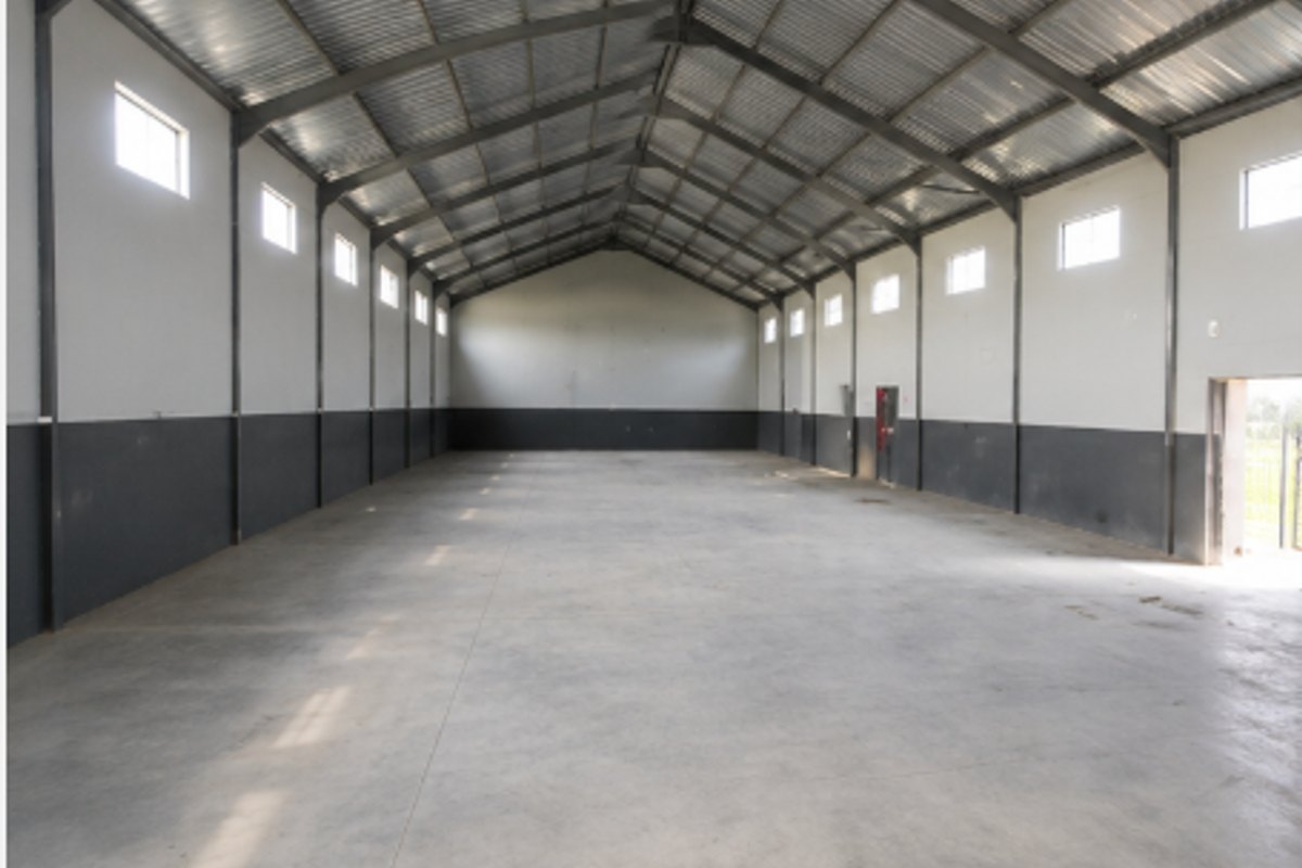 Spacious industrial warehouse unit featuring a high-clearance steel portal frame, durable concrete flooring, and ample natural light from high-level windows.