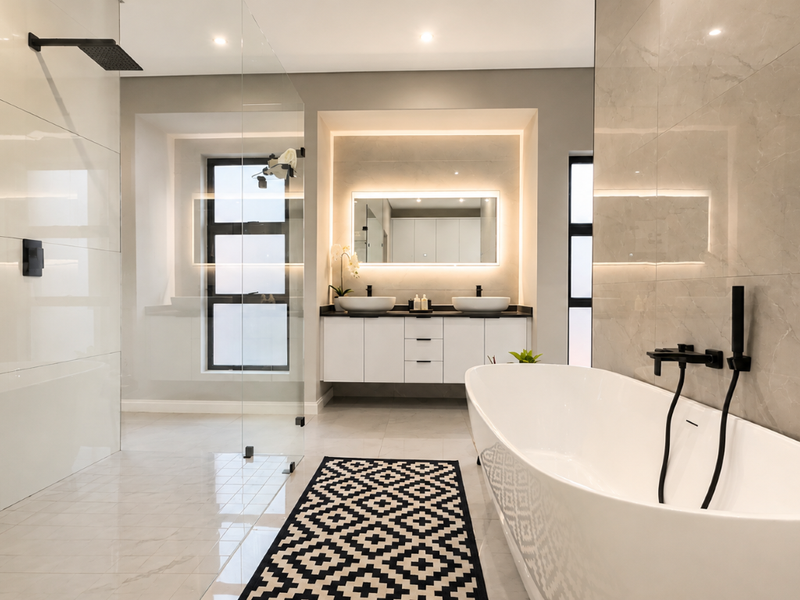 Modern luxury bathroom featuring a freestanding bathtub, spacious walk-in shower, double vanity with vessel sinks, and elegant ambient LED lighting.