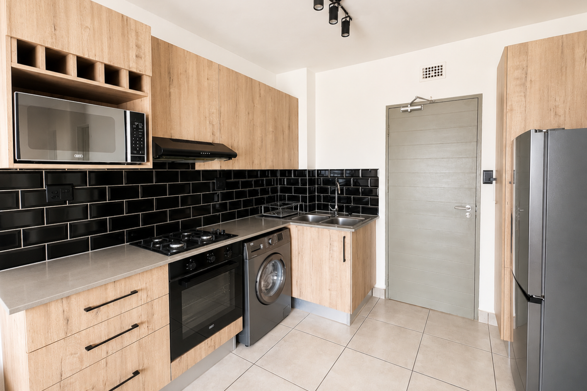 Modern kitchen featuring light wood cabinetry, black subway tile backsplash, integrated appliances, gas hob, and tiled flooring.
