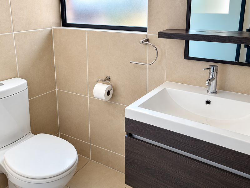 Modern bathroom featuring a wall-mounted toilet, dark wood vanity with integrated basin, chrome fixtures, and neutral wall tiling.
