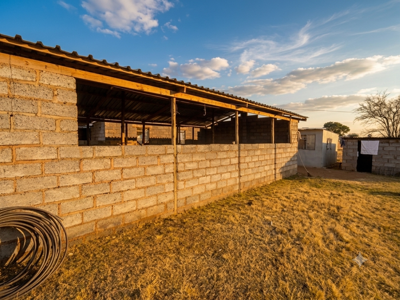 An unfinished open-sided farm structure featuring concrete block walls and a corrugated metal roof, set within a rural landscape.