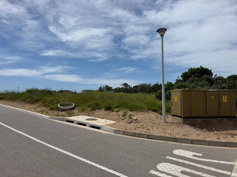 Street view of a vacant residential plot featuring established infrastructure including a paved road, stormwater drainage, electrical transformer box, and street lighting.